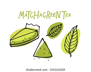 Matcha tart. Matcha pie, tea leaves, Green powder poured, matcha green tea lettering. Culinary course poster concept, culinary school, recipe, cafe, restaurant. Green tea flavor, Japanese food