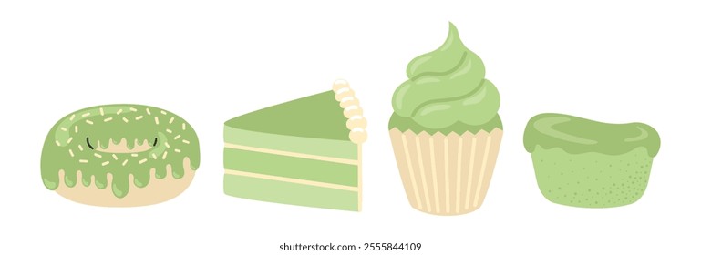 Matcha taste. Vegan organic desserts, cake, maffin, keks, donut. Flat Vector illustration isolated