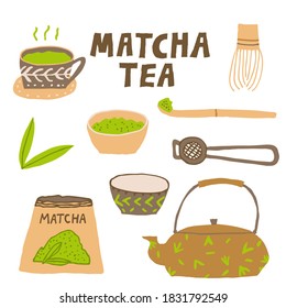 Colección de accesorios de té Matcha aislada en fondo blanco. Bebida verde orgánica asiática. Concepto tradicional japonés de ceremonia de bebidas. Diseño plano dibujado a mano. Ilustración vectorial moderna