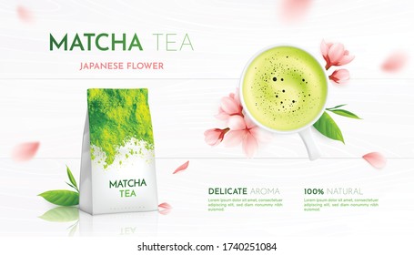 Matcha tea advertising realistic background with composition of flowers leaves and tea cup with product packaging vector illustration