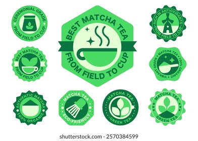 Matcha Tea Badge Set, Stamps and Labels for Eco Branding. Icons Celebrating Nature Rich