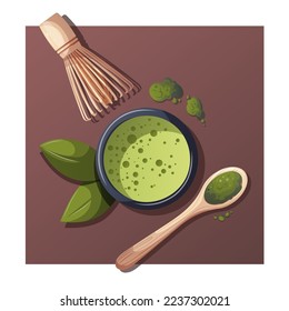 Matcha tea and bamboo whisk. Japanese drink, food, healthy nutrition, menu, beverage concept. Vector illustration. Square poster, card, cover.