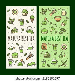 Matcha Tea Banner Vektorset mit farbigen Umrisssymbole für Werbung und Werbung auf einem Green. Vektorgrafik von Bannern