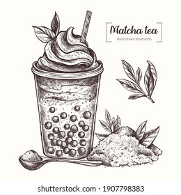 Matcha-Tee. Blumentee im Grafikstil. Milchshake und Tapioca. Vektorhandgezeichnet im Doodle-Stil. Sketch Botanische Illustration. Öko gesunde Lebensmittel. Matcha-Pulver, Teeblätter. 