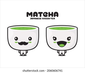 Matcha tea, mascotte, illustration vectorielle de boisson traditionnelle japonaise, isolée sur fond blanc