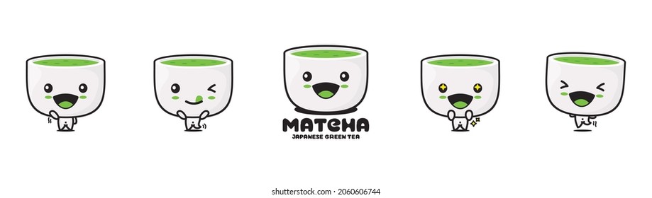 Matcha tea cartoon mascot, traditional japanese drink vector illustration, with different facial expressions and poses, isolated on white background