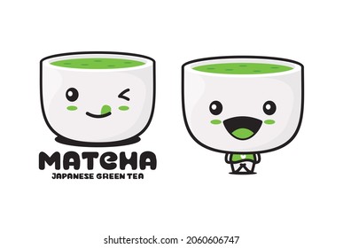 Matcha tea cartoon mascot, traditional japanese drink vector illustration, suitable for logos, packaging labels, stickers, etc.