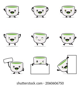 Dessin de thé à la matcha, illustration vectorielle de boisson traditionnelle japonaise, avec expressions faciales heureuses et différentes poses, isolé sur fond blanc