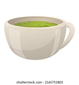 Vector de dibujos animados del icono de la taza de cerámica de té Matcha. Polvo verde. Alimentos a la hierba