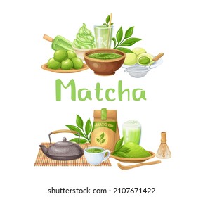 Matcha tea ceremony banners. Japanese traditional matcha powder green tea, whisk, bamboo spoon, green candy truffles, latte with coconut whipped cream, tea sprig with leaves and ets.