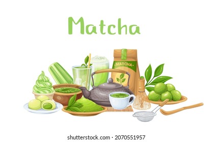 Matcha tea ceremony horizontal banner. Japanese traditional matcha powder green tea, green candy truffles, latte with coconut whipped cream, whisk, bamboo spoon, tea sprig with leaves and ets.