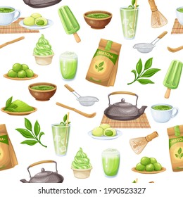 Matcha tea ceremony seamless pattern, vector illustration. Background with Japanese traditional matcha powder green tea, whisk, bamboo spoon, green candy truffles, latte, tea sprig with leaves and ets