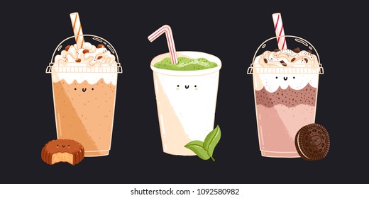 Matcha tea, chocolate and caramel coffee characters, isolated vector illustrations