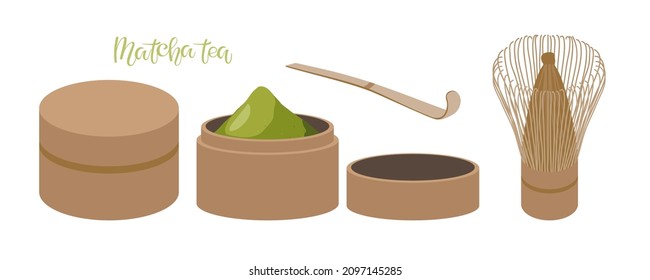Té Matcha. Cañones cerrados y abiertos de Bambú Matcha con té verde Matcha en polvo, cuchara, cepillo Matcha para hacer bebida tradicional japonesa. Ilustración vectorial plana para tiendas de té, receta de té. 