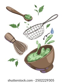 Matcha tea cooking recipe concept. Bamboo whisk, scoop and bowl of Green Matcha. Isolated on a White Background. Vector illustration