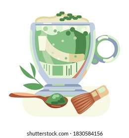 Matcha tea with cream in a glass cup. Spoon with matcha powder, whisk. Vector flat illustration. Isolated on white.