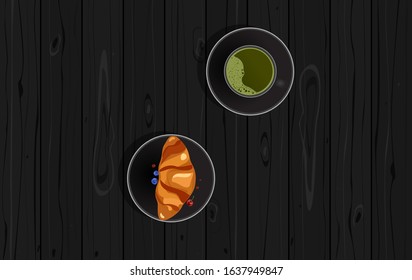 Matcha tea and croissant with fruit on black wooden background. Breakfast in minimalistic style