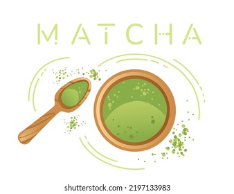 Té Matcha en taza con ilustración vectorial de cuchara sobre fondo blanco