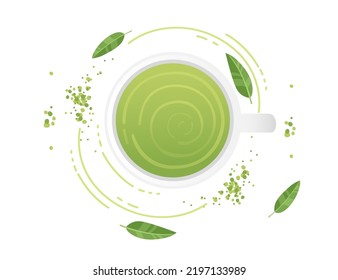 Té Matcha en ilustración vectorial de taza sobre fondo blanco