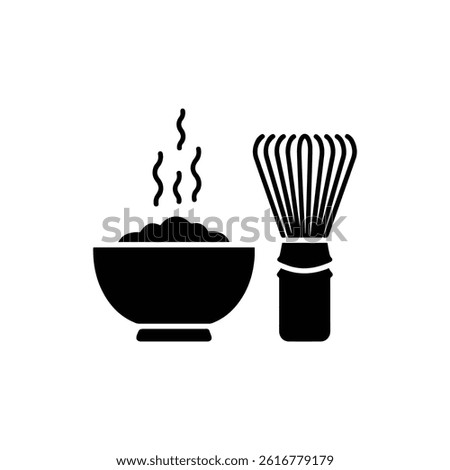 Matcha Tea Cup with Whisk Icon in Black Filled Flat Design