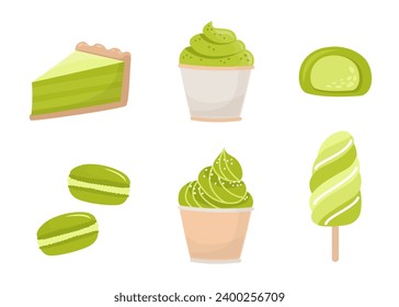 Té de Matcha. Conjunto de helados matcha, macarón, mochi de estilo plano. Ilustración del vector