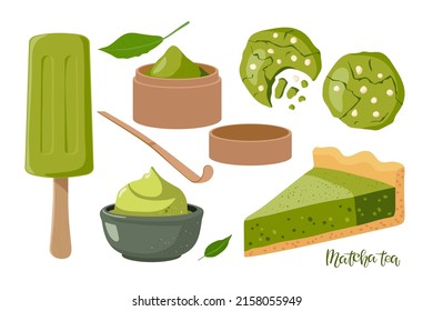 Matcha Tea desserts. Ice cream, pie, cookies, Green powder, spoon, leaves,. Flat vector isolated. Culinary course poster, culinary school, recipe, cafe, restaurant. Green tea flavor, Japanese food.