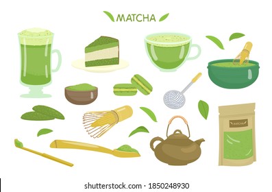 Matcha Tea And Desserts Vector Set. Glass Cup With Matcha, Tea Powder, Bamboo Spoon, Whisk, Ceramic Bowl, Sieve, Tea Pot, Cookies, Cake, Macarons.