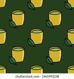 matcha tea doodle seamless pattern, vector illustration