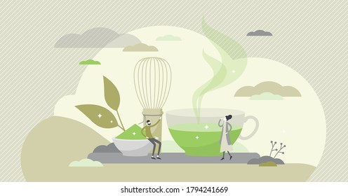 Matcha tea drink as asian culture traditional taste beverage flat tiny persons concept. Hot herbal organic drink preparation, serving and drinking ceremony process visualization vector illustration. 