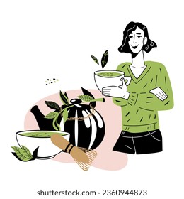 Matcha tea drink emblem or label design with woman character, hand drawn vector illustration isolated on white background. Matcha tea packs label.