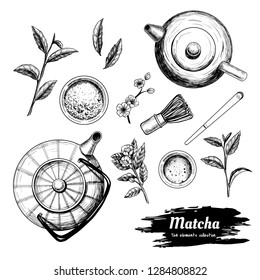Matcha tea. Tea elements set. Hand drawn  vector illustration. Vintage style