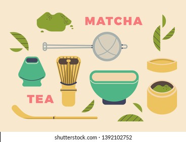 Matcha tea essentials. Lovely matcha green tea illustration with utensils including bowl, bamboo tea powder box,  hand sieve, wood spatula, whisk and whisk holder