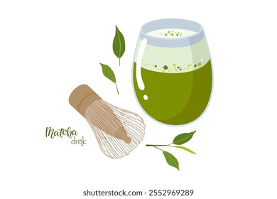 Chá Matcha. Vidro matcha verde com escova para cozinhar da bebida tradicional japonesa. Chá verde vetor xícara Matcha. Ilustração de vetor plana isolada. no fundo branco para cartaz, café, loja de chá