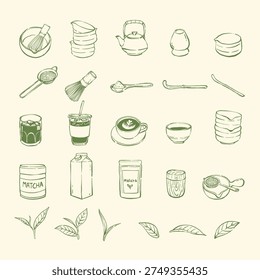matcha tea hand drawn doodle line art icon set with traditional japanese tools, cups, whisk, bowl, packaging and tea leaves in minimal green botanical illustration style
