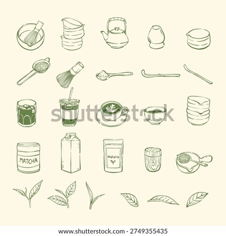 matcha tea hand drawn doodle line art icon set with traditional japanese tools, cups, whisk, bowl, packaging and tea leaves in minimal green botanical illustration style