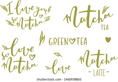 Matcha tea. Hand drawn lettering set about matcha tea. Japanese ethnic and national tea ceremony. Lettering cards. Can be used for shop, banner, poster.