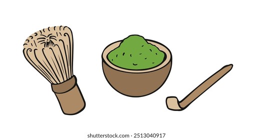 Chá Matcha. Pó desenhado à mão, colher e batedor. Ferramentas para a cerimônia do chá japonês. 