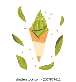 Matcha Tea Ice Cream in Waffle Cone Icon. Sweet Creamy Dessert of Green Color with Herbal Flavor with Sprinkles. Fresh Icecream Swirl Isolated on White Background. Cartoon Vector Illustration