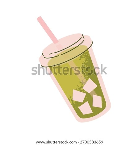 Matcha tea with ice cubes. Matcha drink in plastic cup with straw. Flat vector illustration isolated
