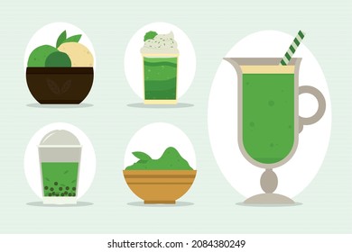 matcha tea icon set on green background