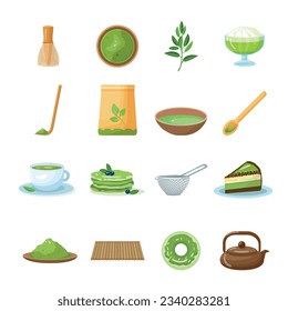 Matcha tea icons set cartoon vector. Tea powder. Cream roll