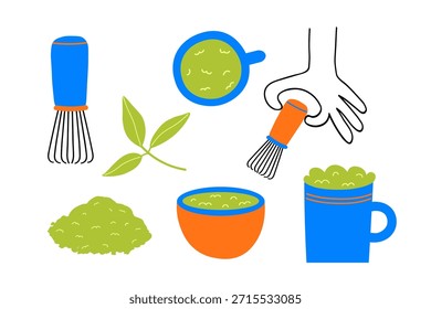 Chá Matcha. Ilustração com xícara de bebida quente, folha de chá japonesa verde, bambu whisk chasen, pó. Comida, bebida, ingrediente, planta médica. Desenho vetorial. Elementos de design para logotipo, etiqueta, cartão, sinal