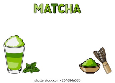 Matcha tea illustration with whipped drink, powder, and whisk