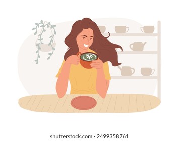 Matcha tea isolated cartoon vector illustrations. Young girl drinking matcha tea in the cafe, people lifestyle, eating out in the restaurant, favorite coffee shop vector cartoon.