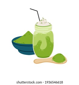 Matcha tea isolated vector illustration. Powder leaf design element. Asian, Japanese ceremony beverage in cartoon style.