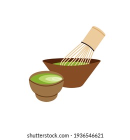 Ilustración vectorial aislada del té Matcha. Elemento de diseño de hoja en polvo. Bebida de ceremonia asiática y japonesa al estilo de las caricaturas.