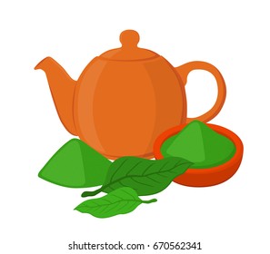 Matcha tea - japanese ethnic and national drink. Powder, leaves of asian tea, teapot, teakettle. Made in vector cartoon flat style