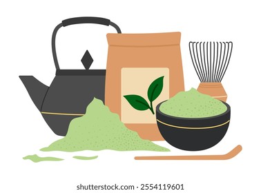 Matcha tea. Japanese green tea ceremony, cooking accessories, matcha powder, teapot, bamboo spoon and whisk. Flat Vector illustration isolated on white background 