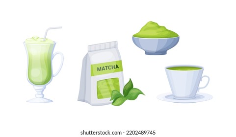 Matcha Tea, Japanese Traditional Tea Ceremony Objects Set. Matcha Latte Beverage, Powder And Green Leaves. Organic Natural Drink For Healthy Vegetarian Diet Cartoon Vector