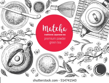 Matcha tea. Japanese traditions of tea ceremony. Vector illustration frame for Tea Shop. Vintage elements for design. Hand drawn sketch Illustration